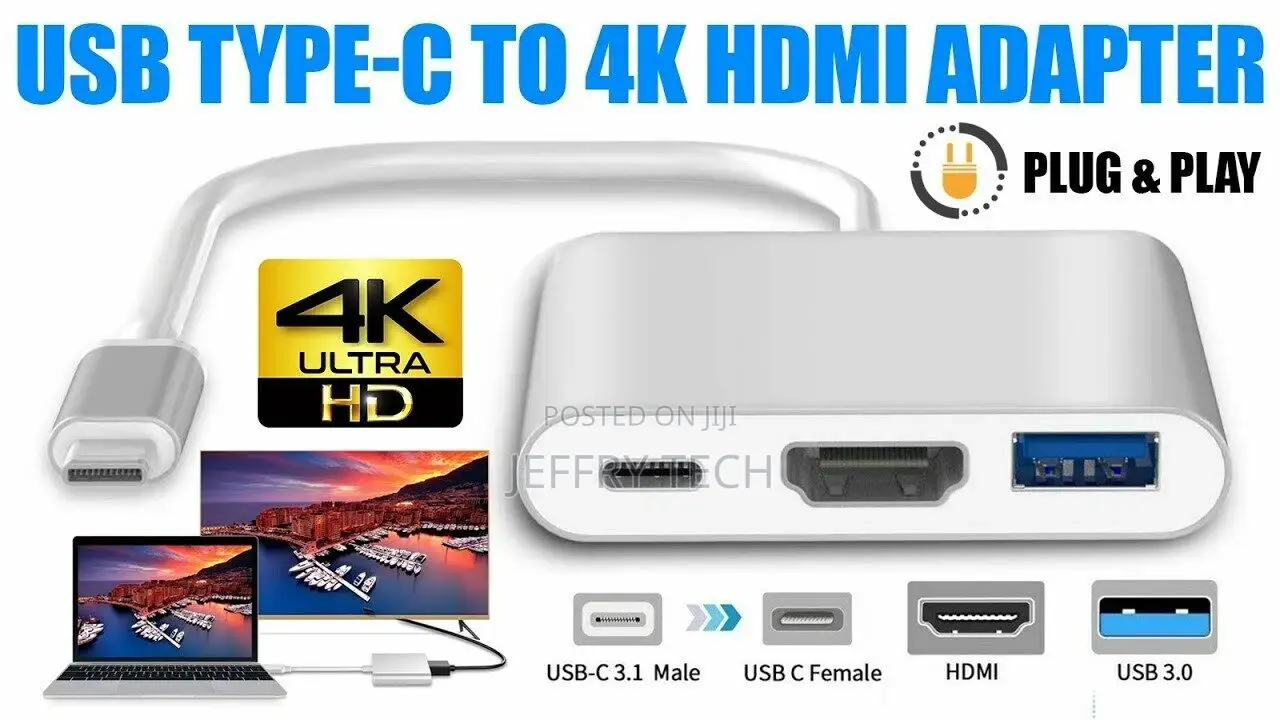 3.0 USB HUB 3 In1 Type C to USB-C 4K HDMI Powered Adapter Ca