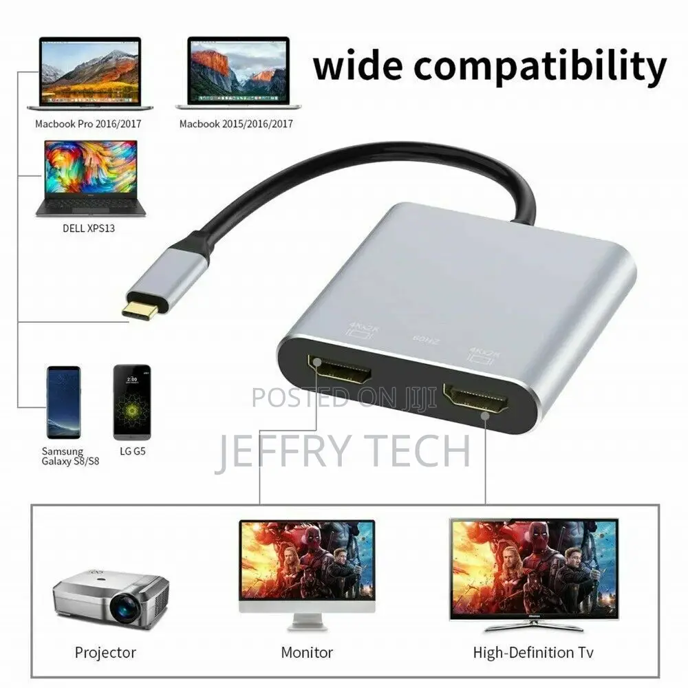 4 in 1 Type-C to 4K Dual HDMI USB 3.0 Hub Adapter Cable PD C