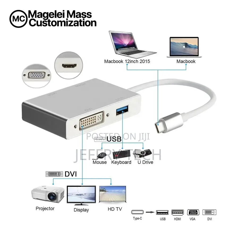 USB 3.1 Type C Hubs 4 Pin 1 USB3.0 DVI VGA HDMI 4K for Macbo