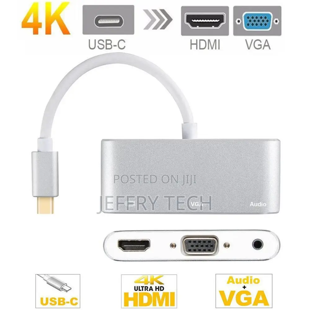USB Type C to HDMI VGA 3.5mm Audio Hub 3 in 1 Multiport Adap