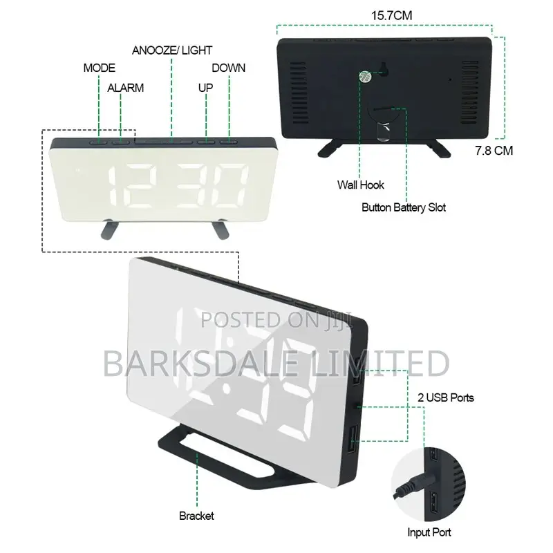 Digital Alarm Clock LED Mirror 2 USB Charger Ports Loud