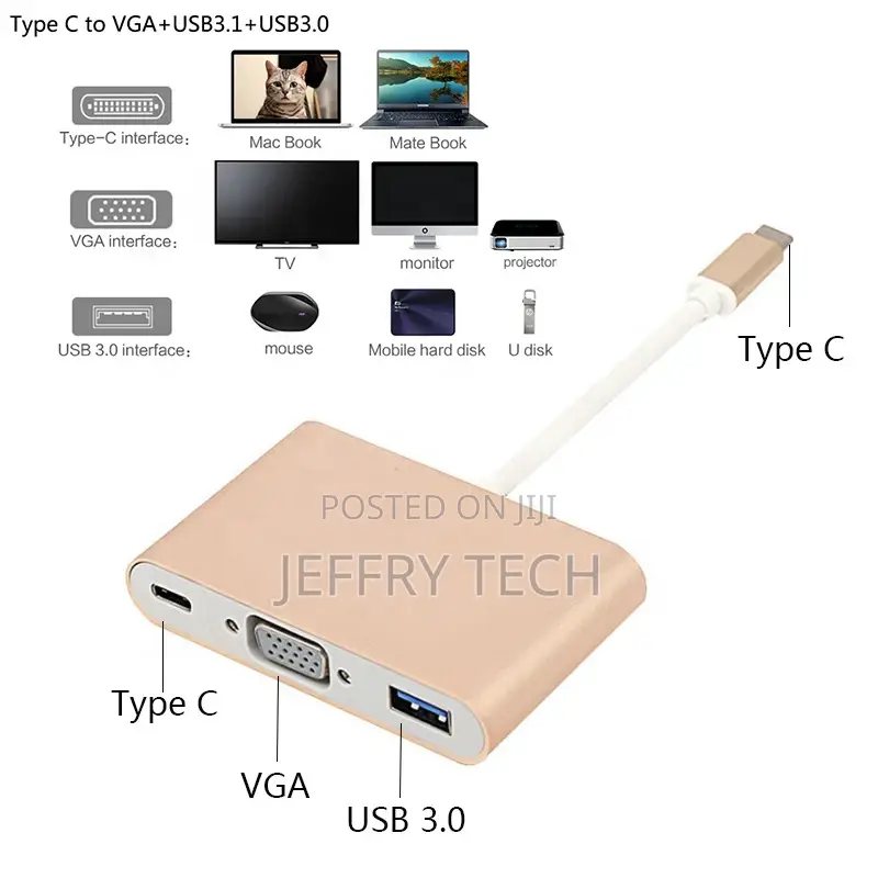Multiports 3 in 1 USB 3.1 Type C TO VGA Converter Adapter Ca