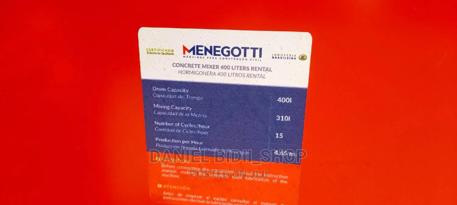 Brazil Menegotti Concrete Mixer 400ltrs