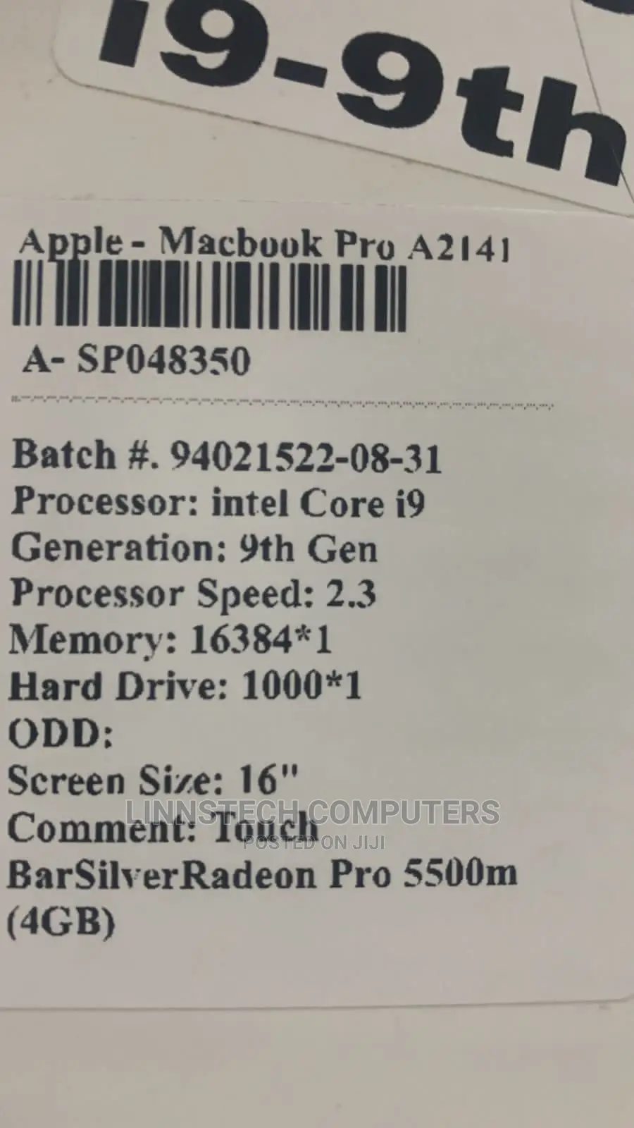 Laptop Apple MacBook Pro 2019 16GB Intel Core I9 SSD 1T