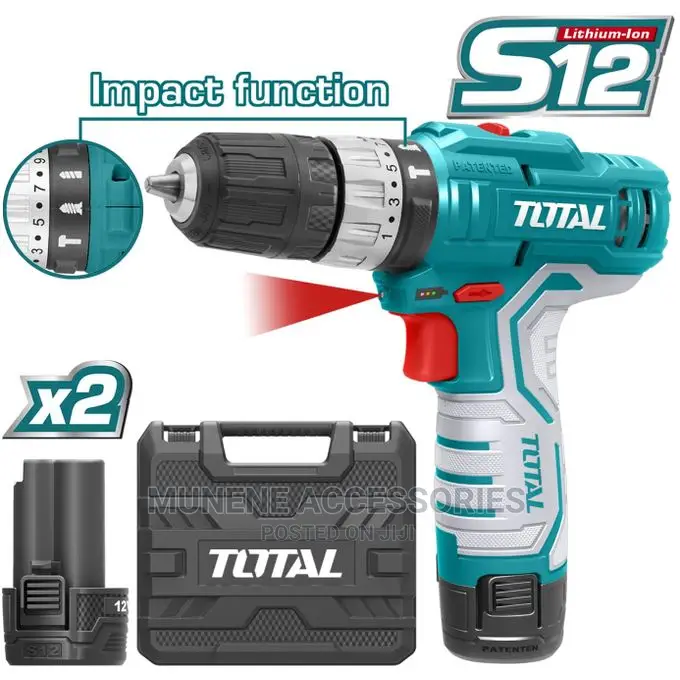 TOTAL 12V Cordless Impact Li-Ion Drill, Charger 2 Batteries
