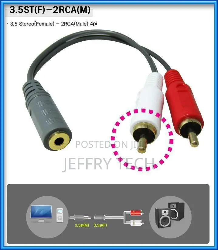3.5mm AUX Female to 2RCA Male Plug Cable Stereo Audio Adapte