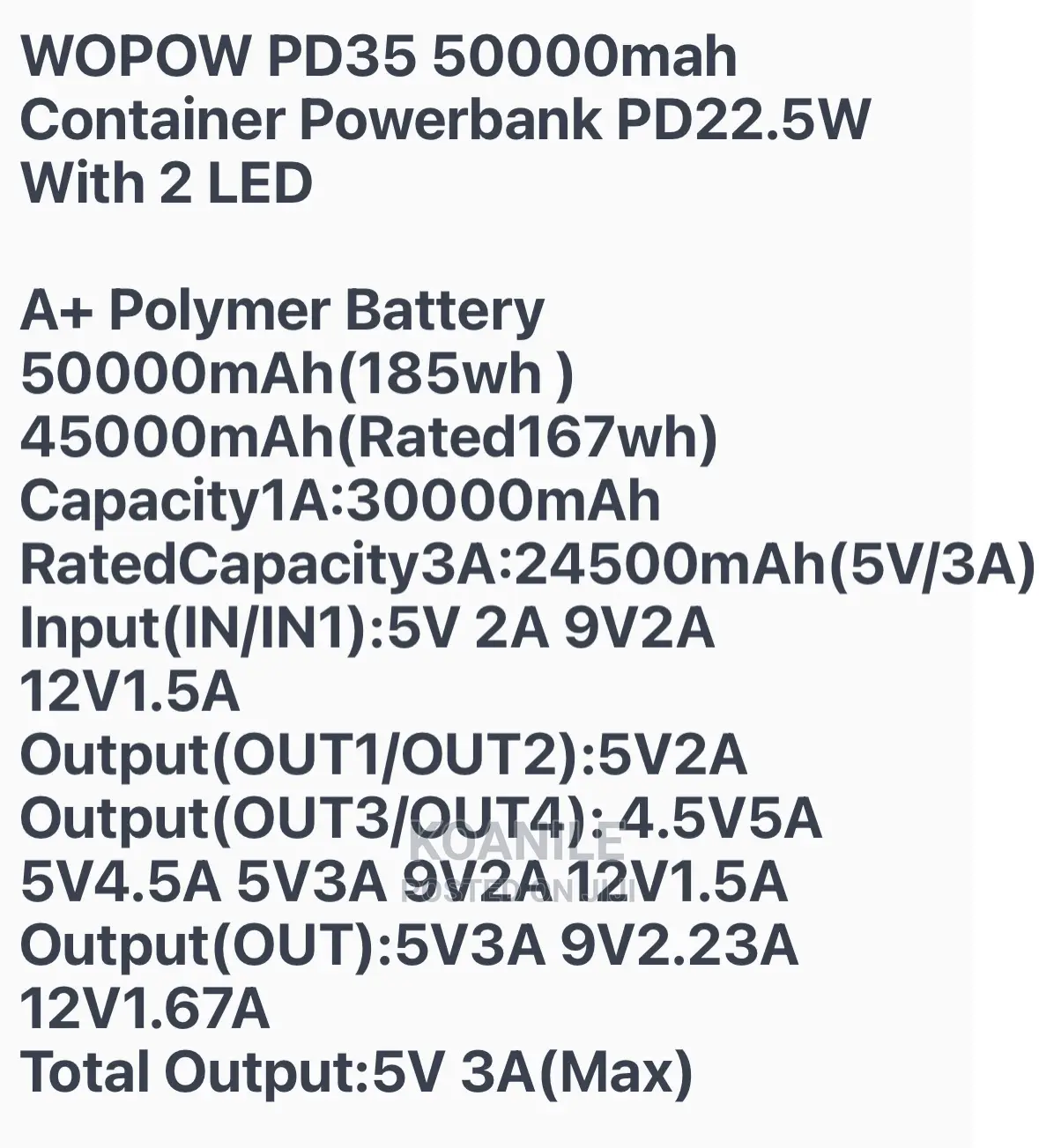 WOPOW PD35 50000mah Container Powerbank PD22.5W With 2 LED