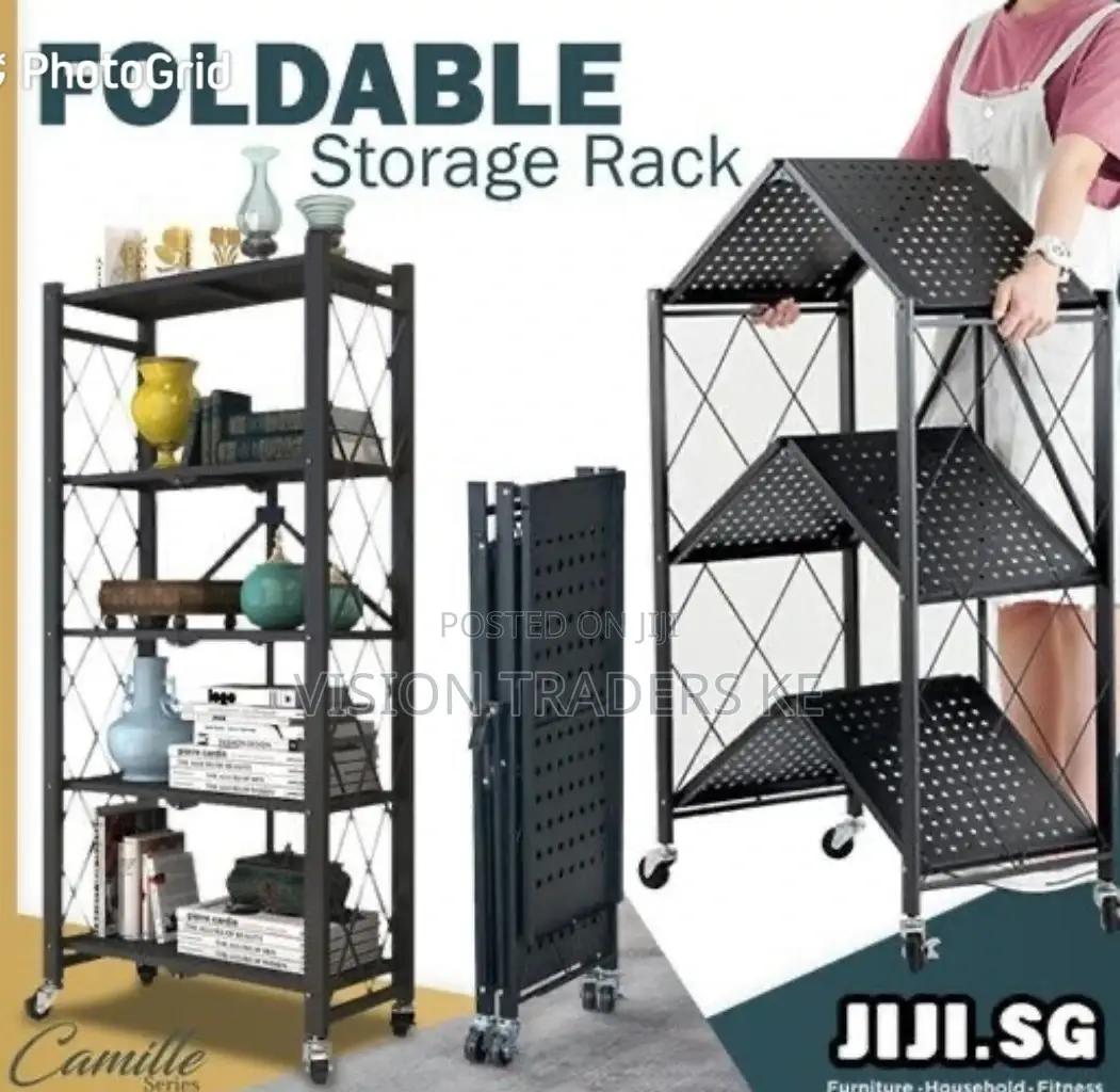 Fordable Kitchen Metalic Storage Rack With Wheels 4 Tier