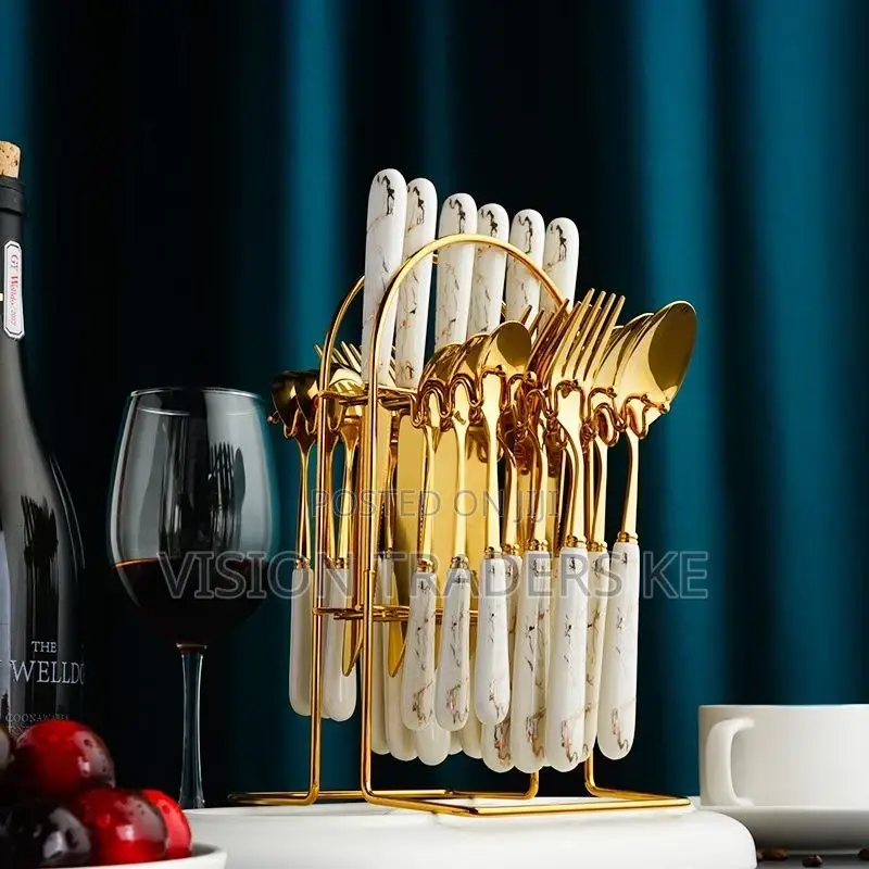24 PCS Marble Handle Cutlery Golden Rack Set