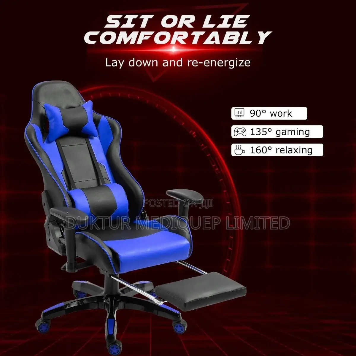 Office Chair Recliner Back Footrest Armrest Black and Blue
