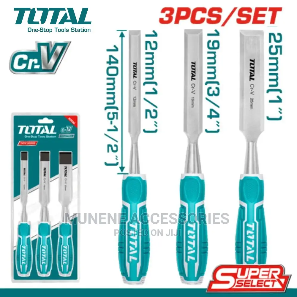 Total 3 PCS Wood Chisel Set - 12mm - 25mm Chisel With Rubber
