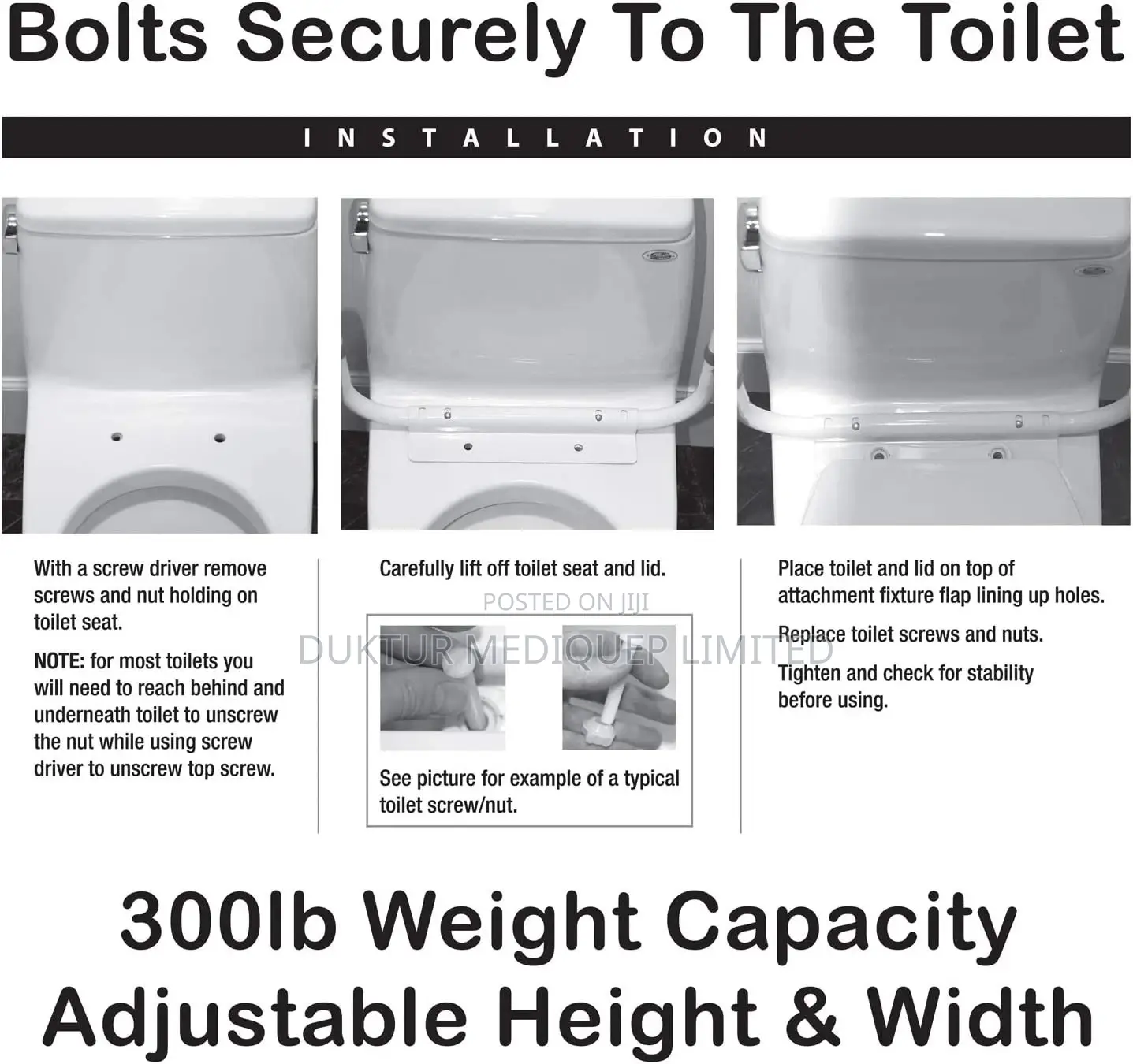 Toilet Seat Support Frame, Adjustable Height and Width