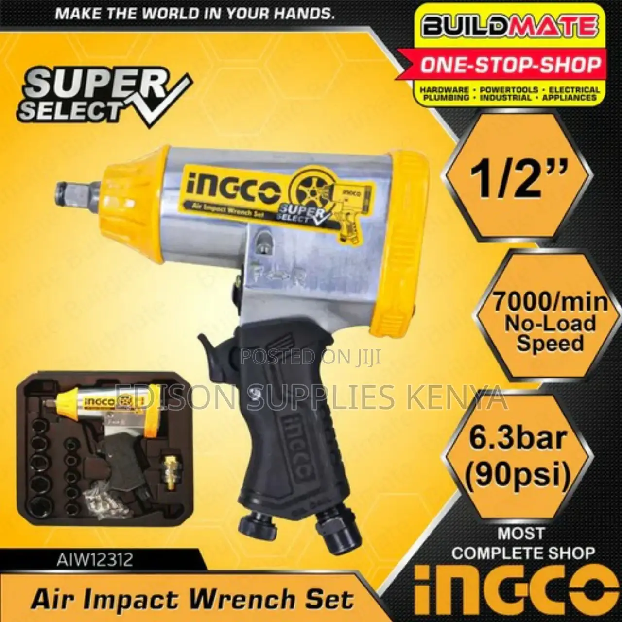 Ingco Air Impact Wrench Set 17pcs 1/2'' Drive 312nm