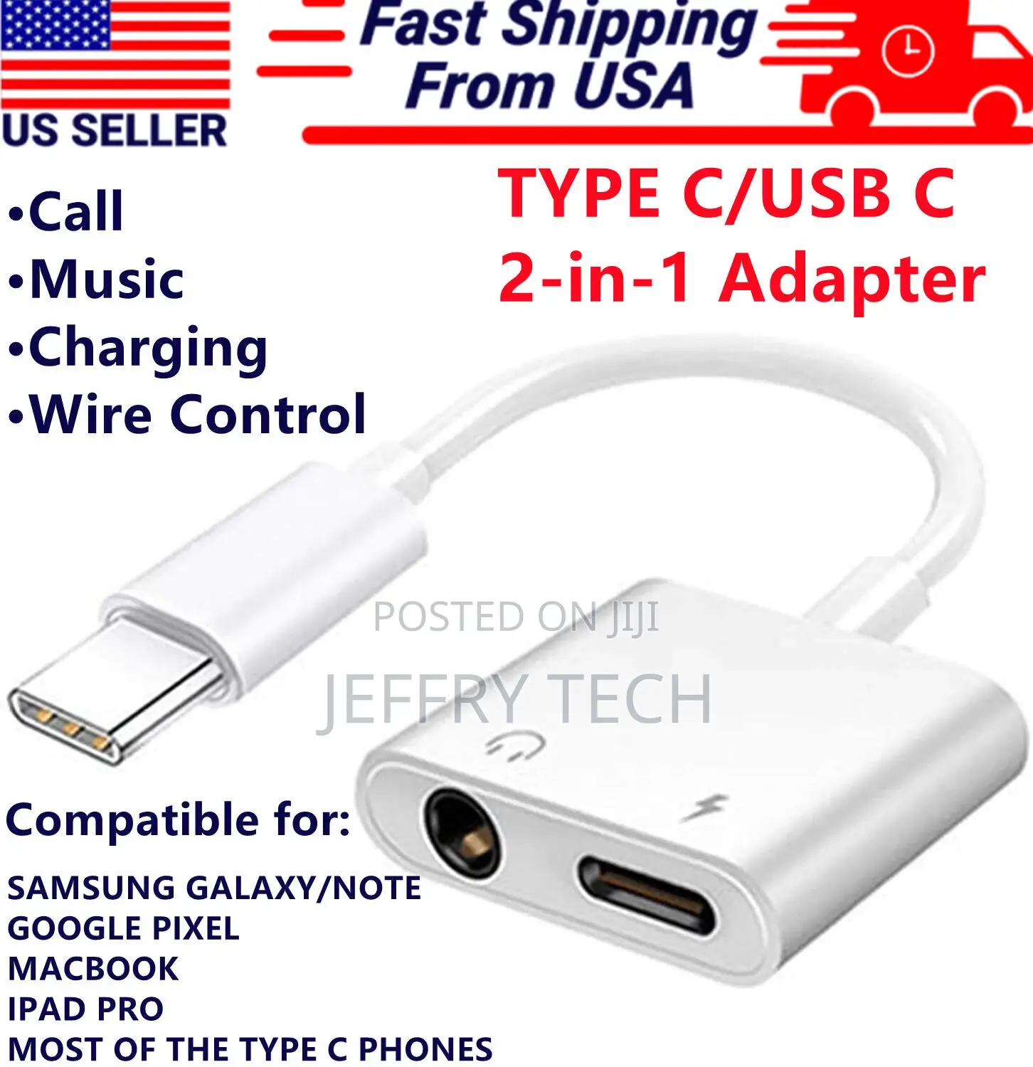 2 in 1 USB-C Type C to 3.5mm Audio Headphone Adapter With Ch