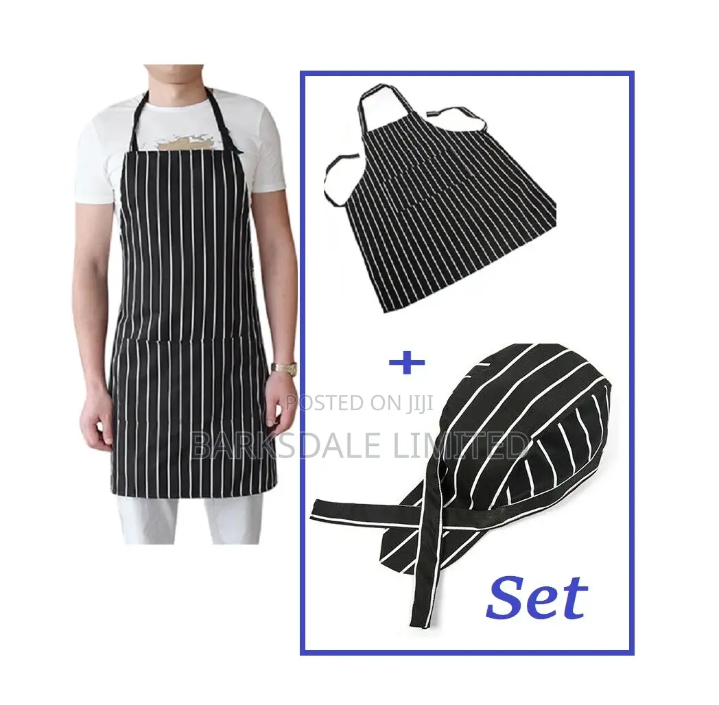 Chef Black White Striped Apron Skullcap Bandana Adjustable