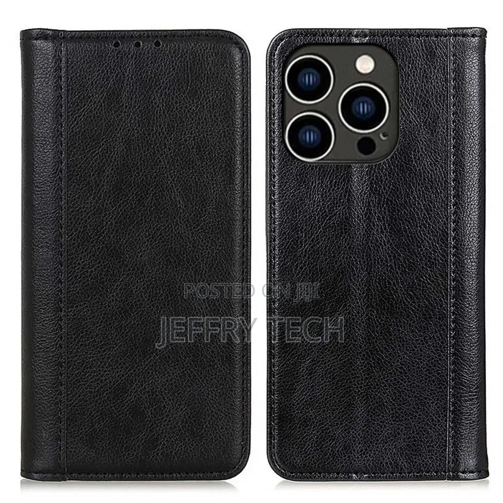 Leather Case With Magnetic Closure for iPhone 14 Pro - Blac