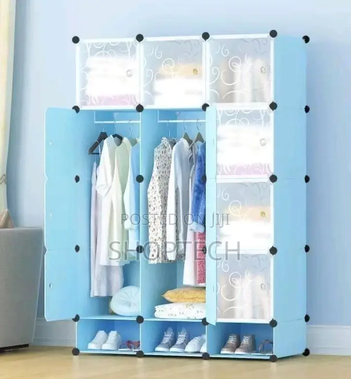 Diy Very Strong Portable 3 Column Plastic Wardrobe-Blue