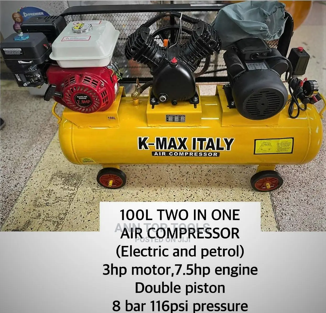 Kmax Italy 100ltrs 7.5hp Petrol Electric Air Compresssor