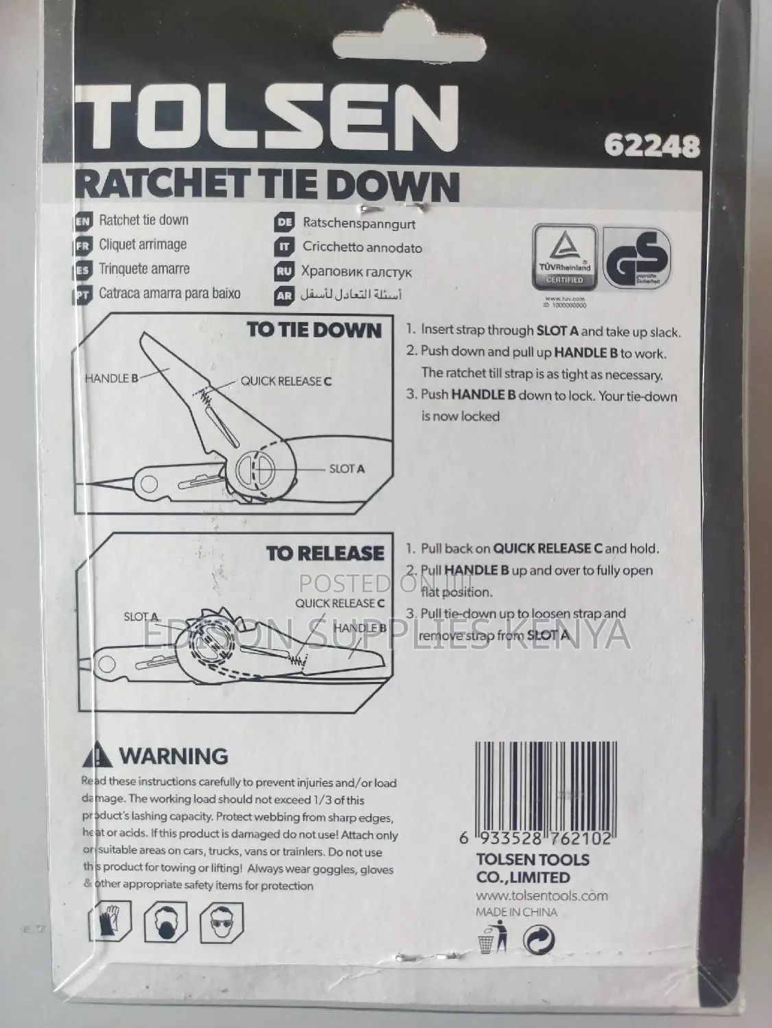 Tolsen Ratchet Tie Down Strap 62248 Ratcheting Luggage Cargo Lashing