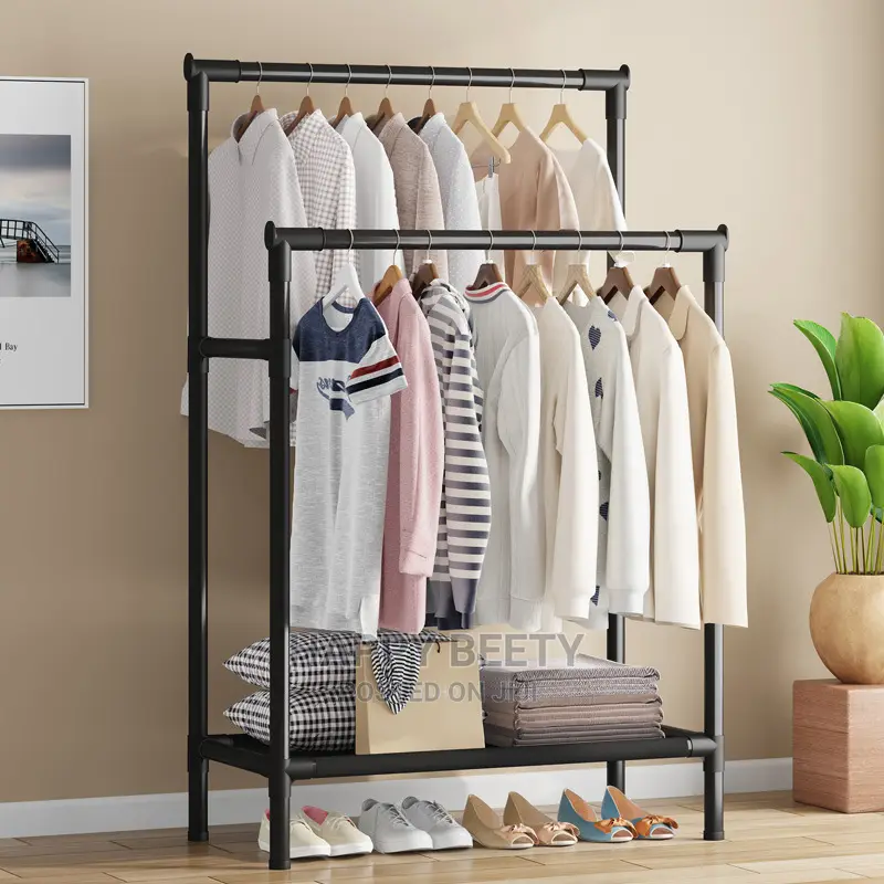 *Double Pole Clothing Rack With Lower Storage Tier