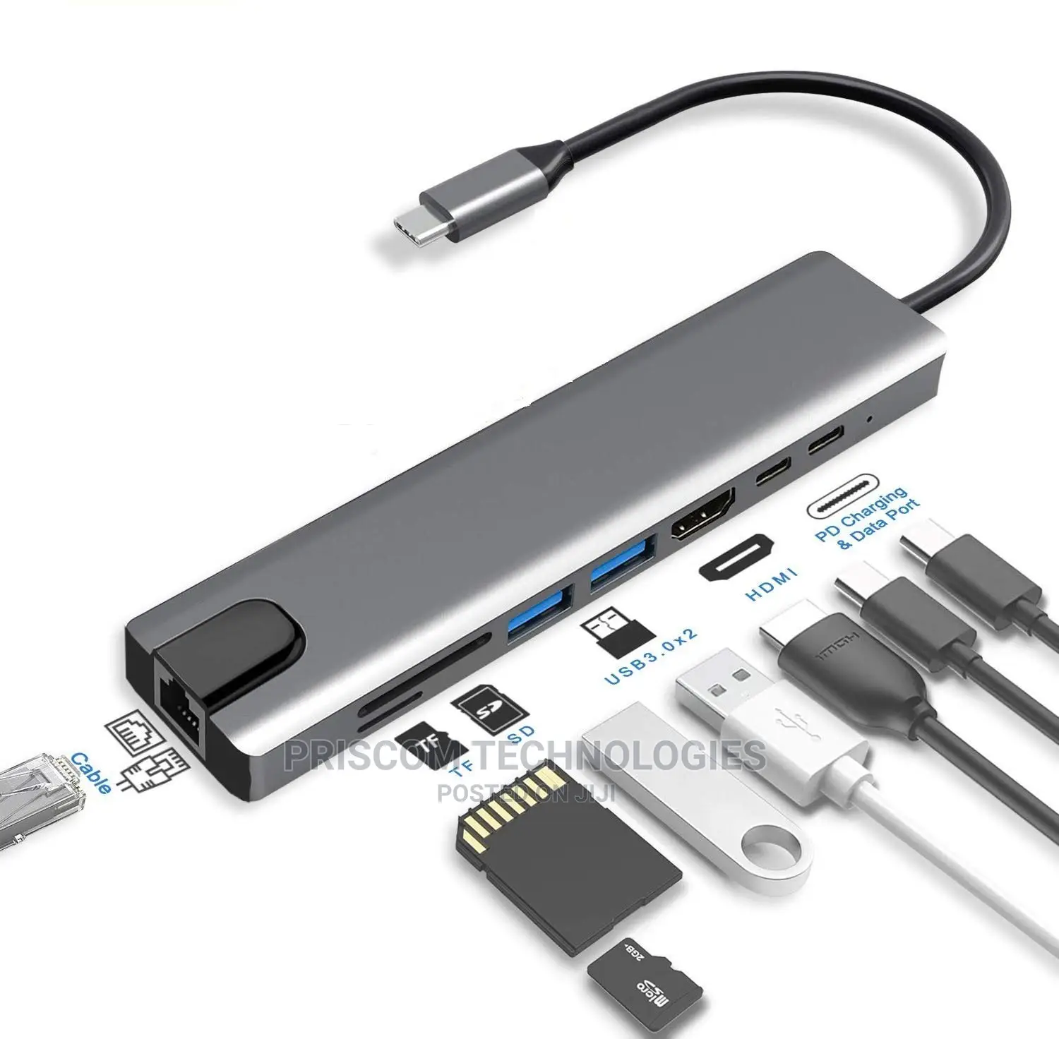 8 in 1 Type C Hub Adapter HDMI SD Card RJ45 Ethernet USB 3.0