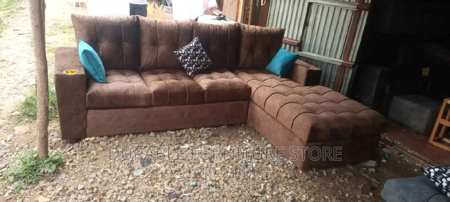 6 Seater L Shaped Sofa With Golden Cup Holder and Footrest
