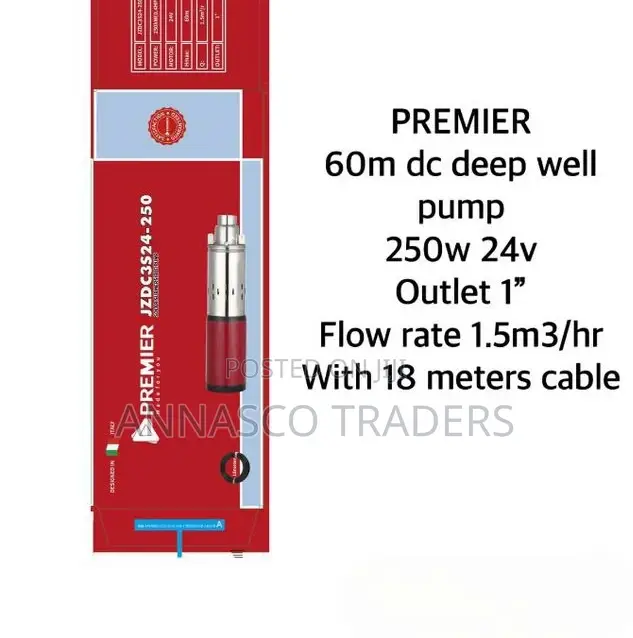 Premier Solar Submersible DC Pump 60M Lift 250W 24V Flow Rat