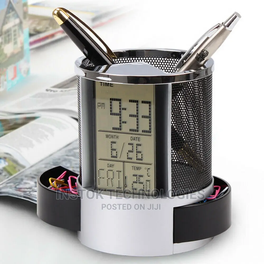 Pen Pencil Holder Digital LCD Desk Alarm Clock Mesh