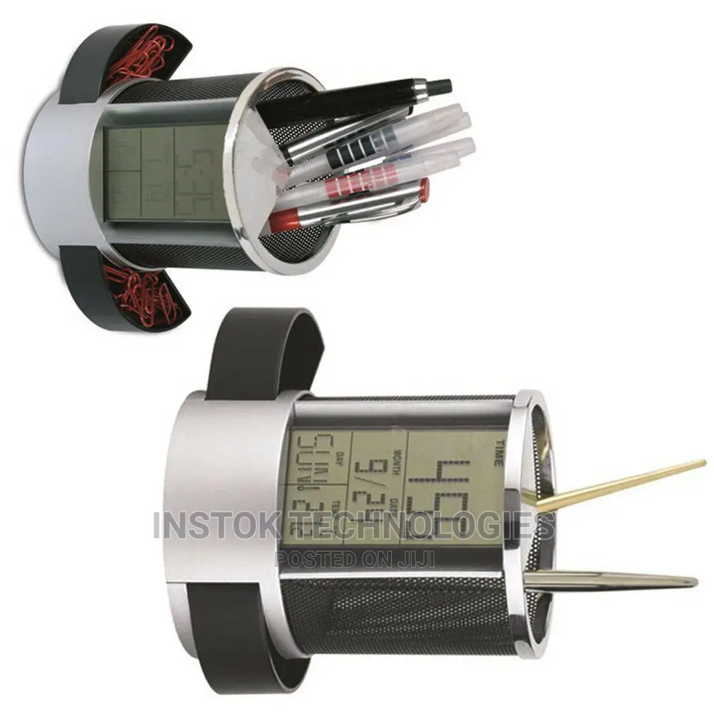 Pen Pencil Holder Digital LCD Desk Alarm Clock Mesh