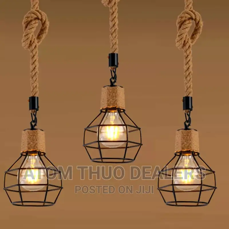 Vintage Iron Hemp Rope Pendant Light With Free Bulb .
