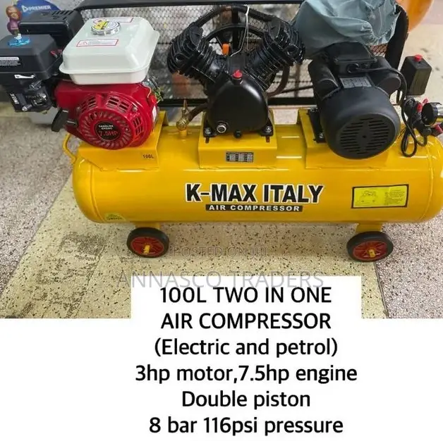 Kmax Italy Electric and Petrol 100L Air Compressor 3hp Motor