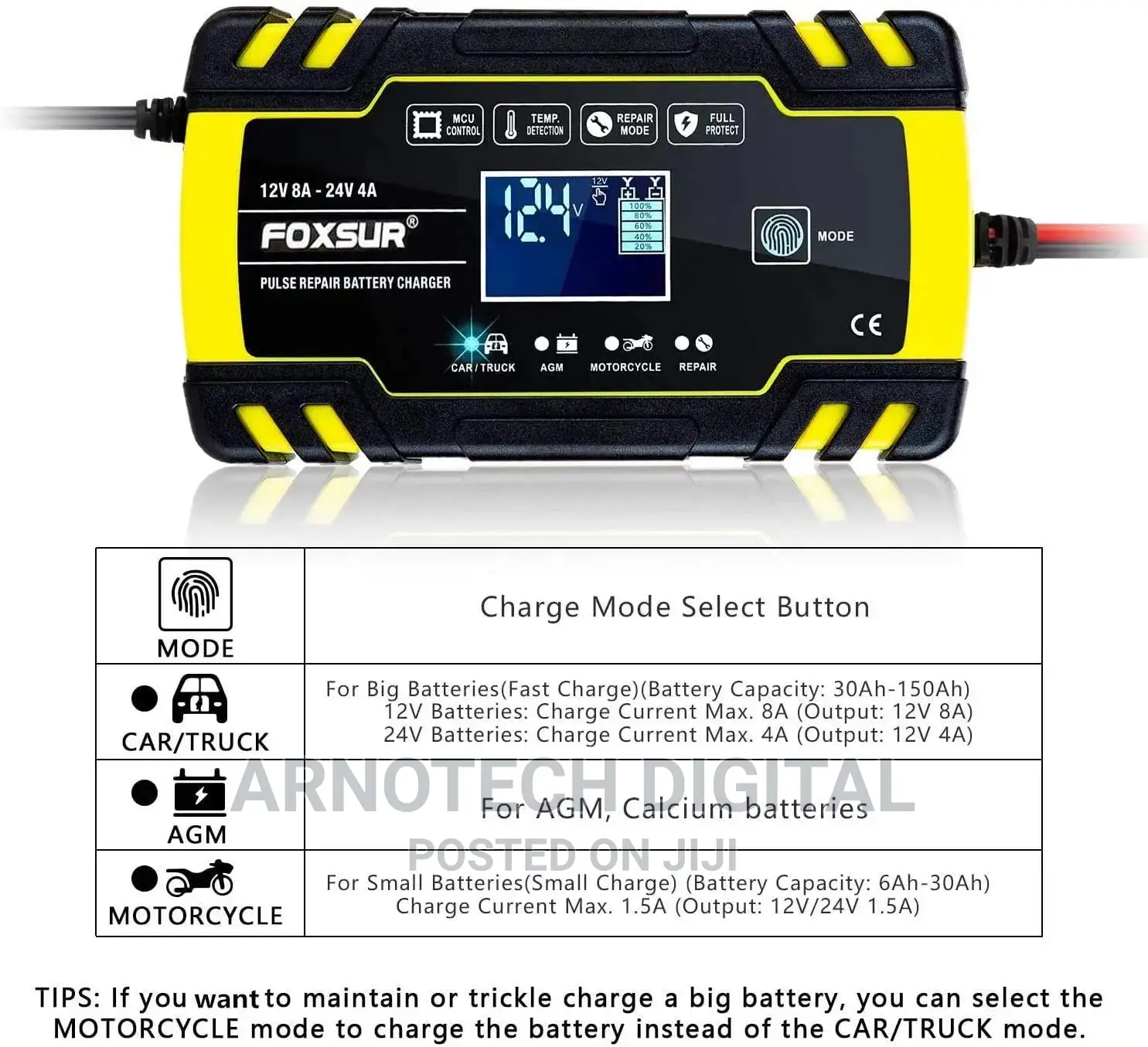 FOXSUR Lithium Battery Charger, 12v/24v 6amp Full Automatic