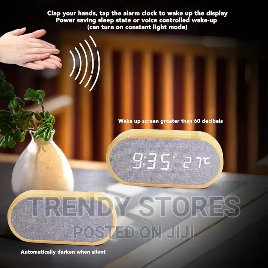 Wooden Digital Alarm Clock With Wireless Charging Display