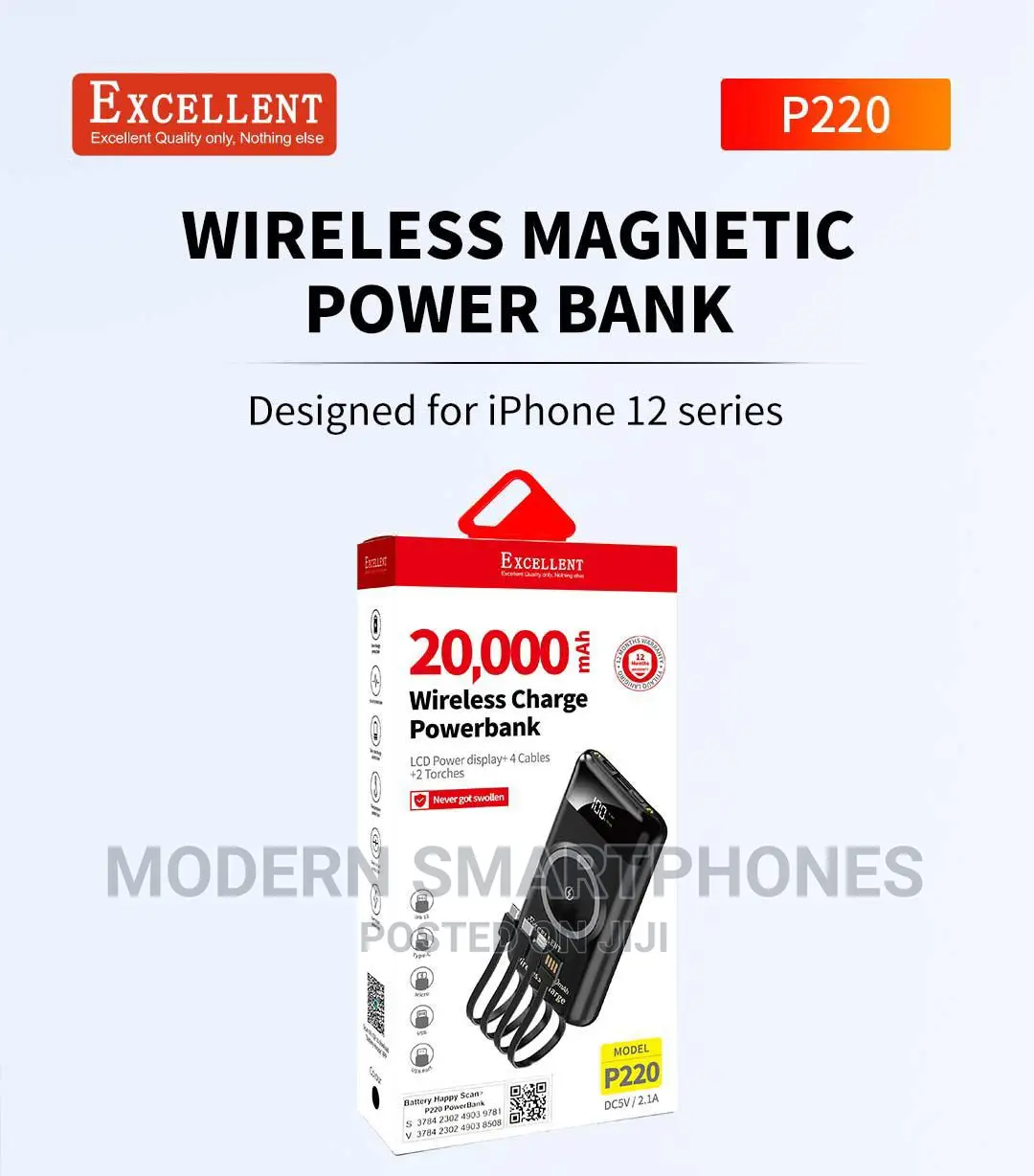 WIRELESS POWERBANK 20,000 Mah With Inbuilt Cables