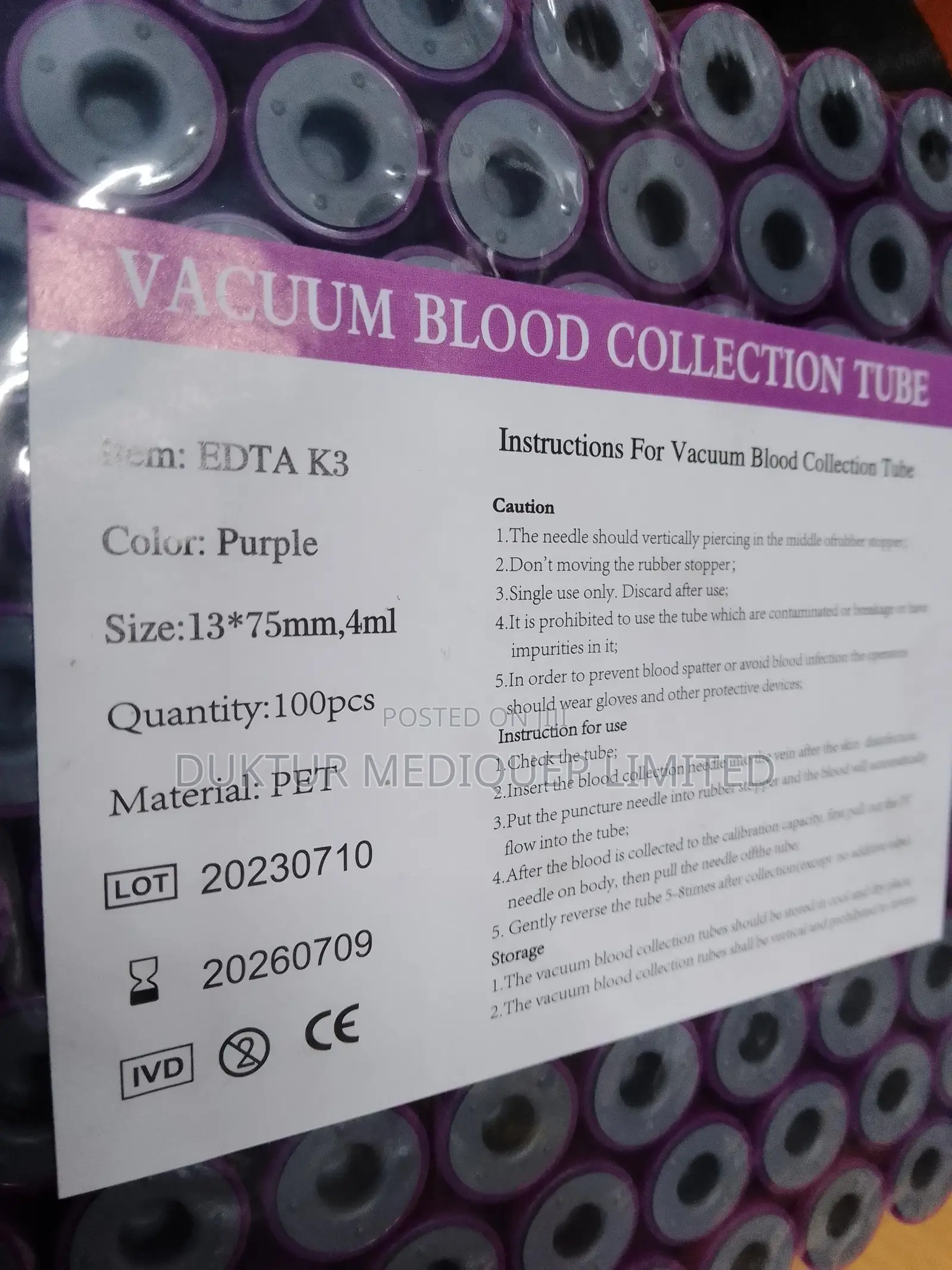 Purple Top Vacuum Blood Collection Tubes 100pcs
