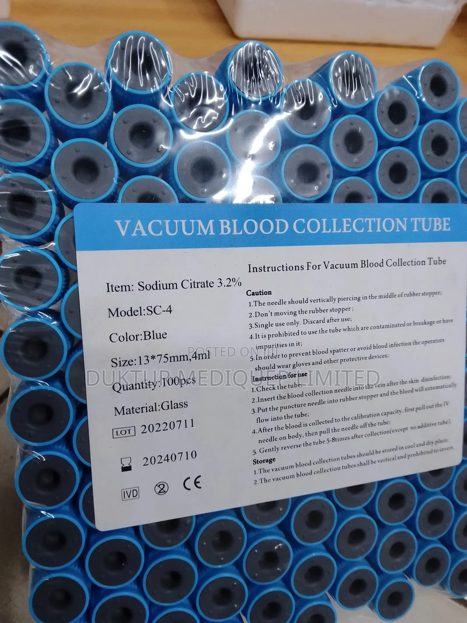 Blue Top Vacuum Blood Collection Tubes 100pcs Glass