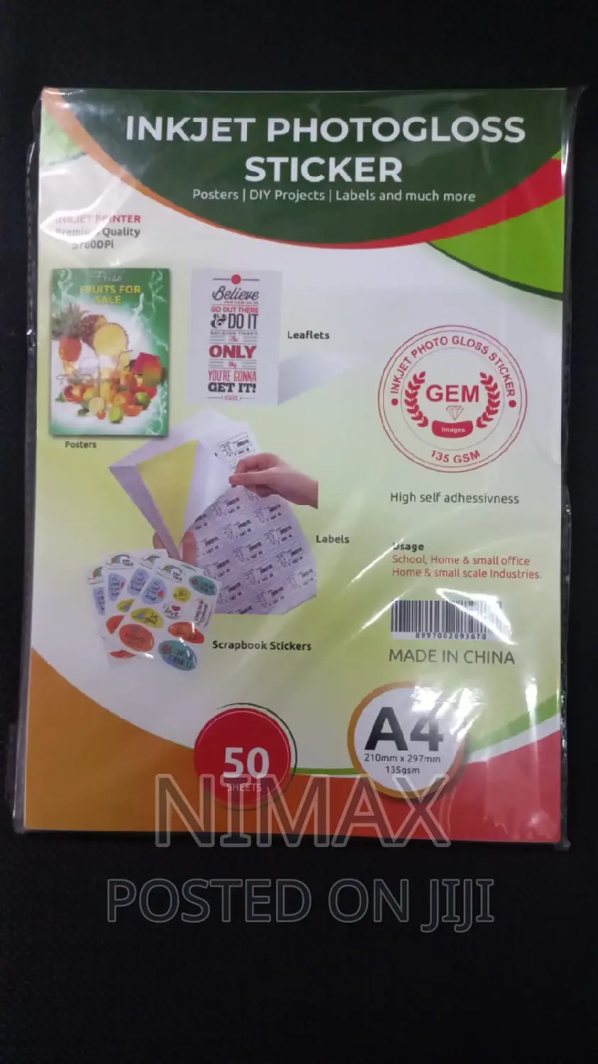 Inkjet Photogloss Sticker Paper A4 Size, 135gsm, 50sheets