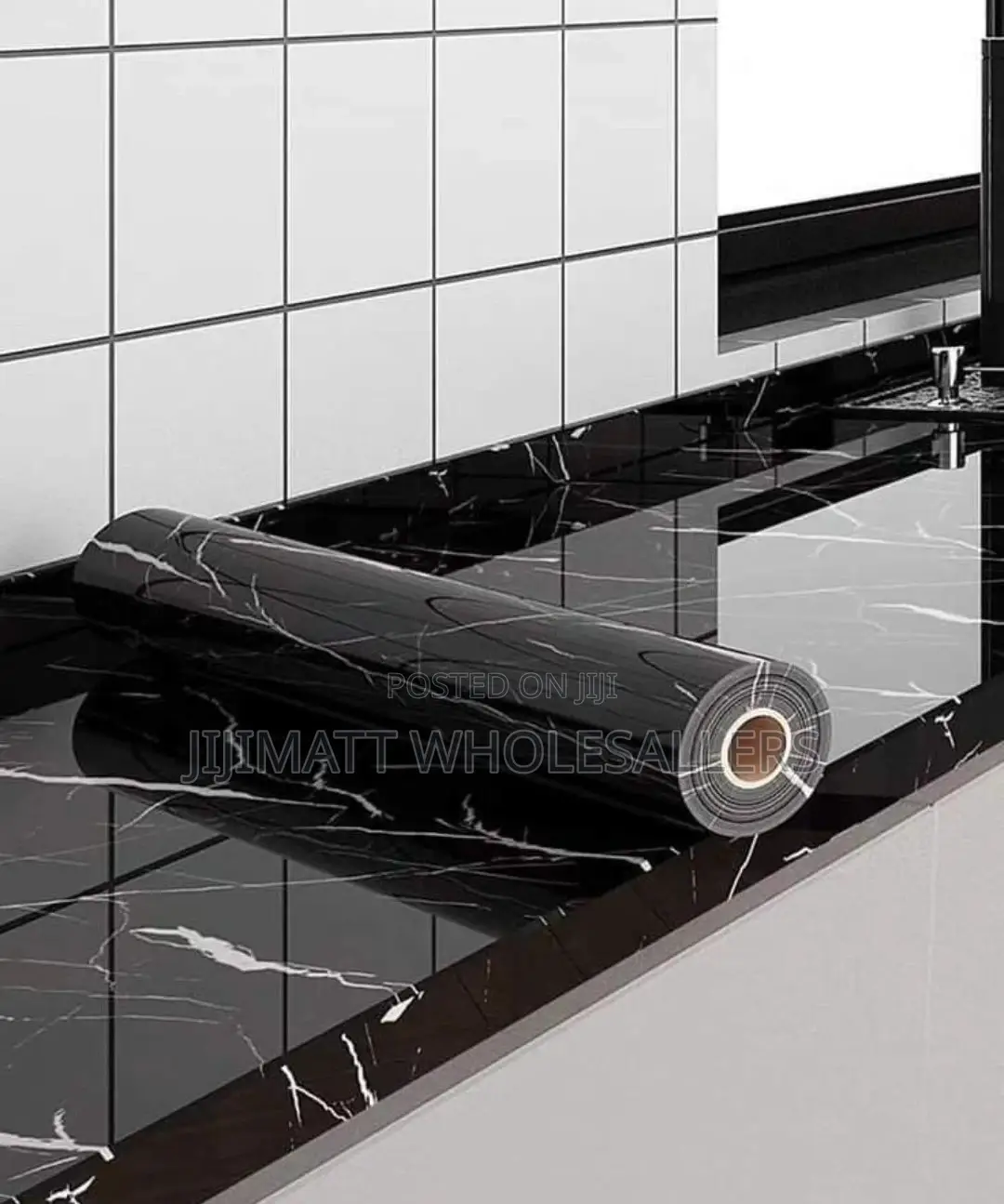 Adhesive Wall Paper 5m Black Silver and Marble White