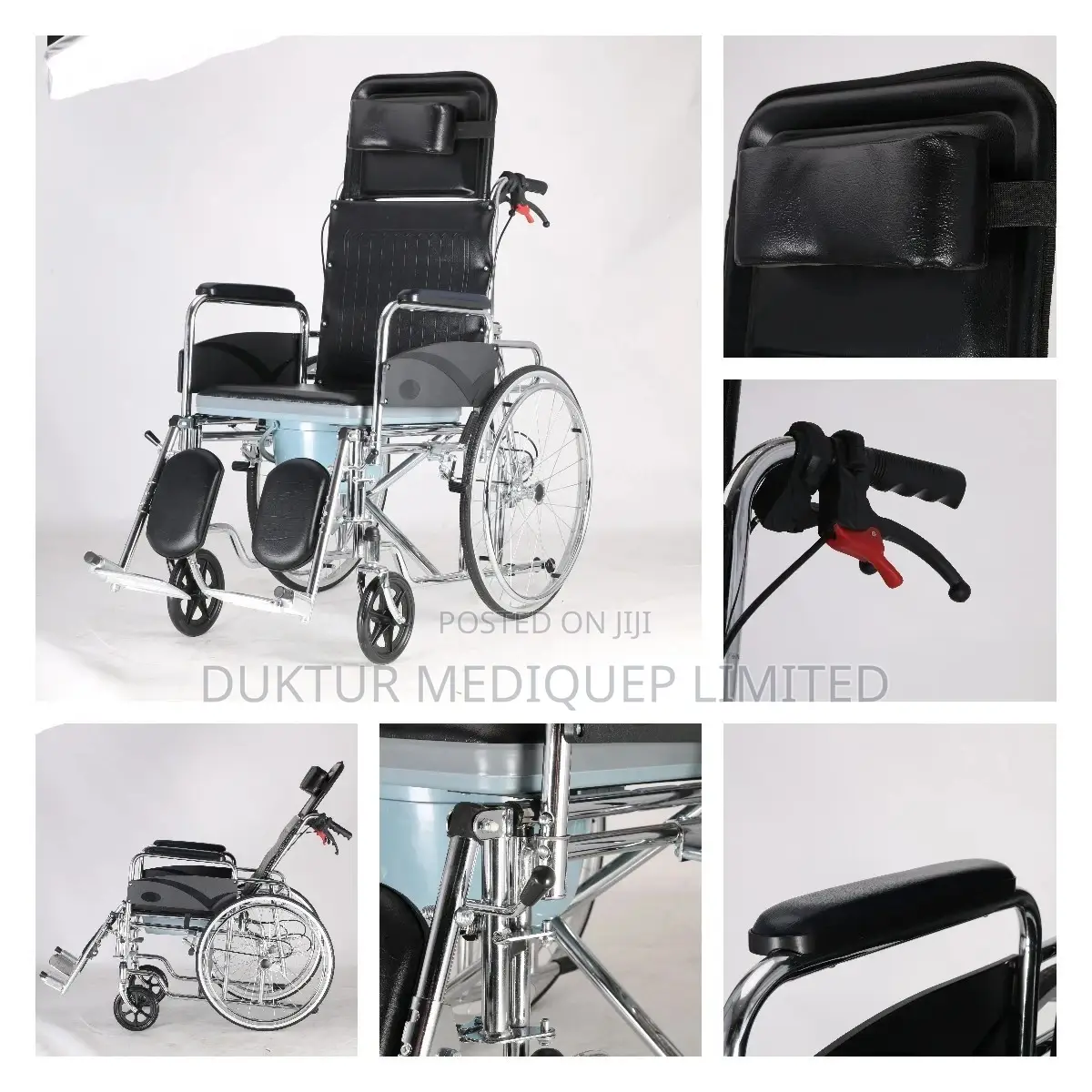 High Back Folding Reclining Commode Wheelchair With Headrest