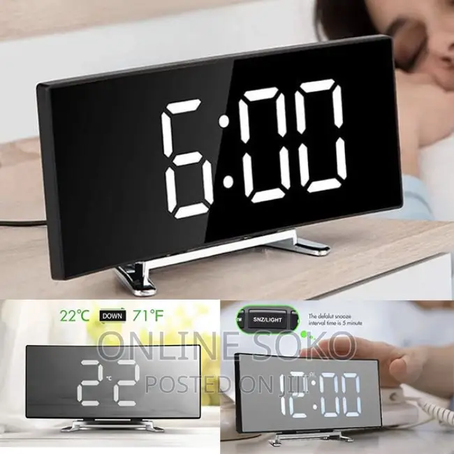 Bedside Office Mirror Curved 7'' Screen LED Digital Clock