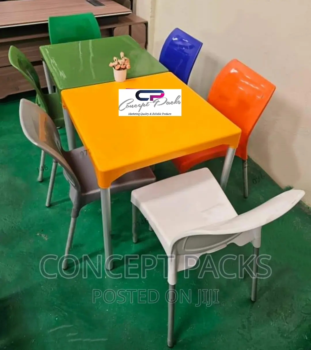 6 Armless Chairs + 2 Square Table With Metal Tubing Legs