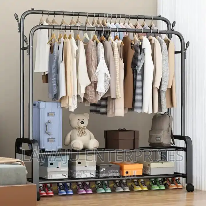 Double Pole Clothing Rack With Wheels and Shoe Rack