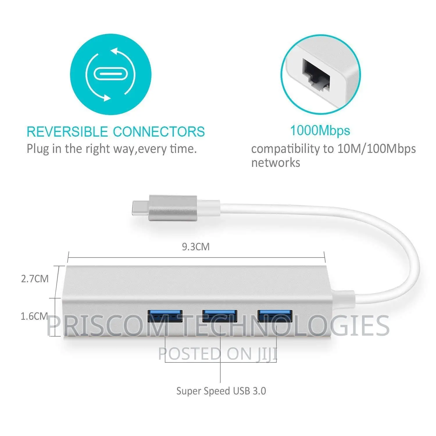 Type C Hub With 3.0 USB Ports and Gigabit Ethernet Rj45 Lan