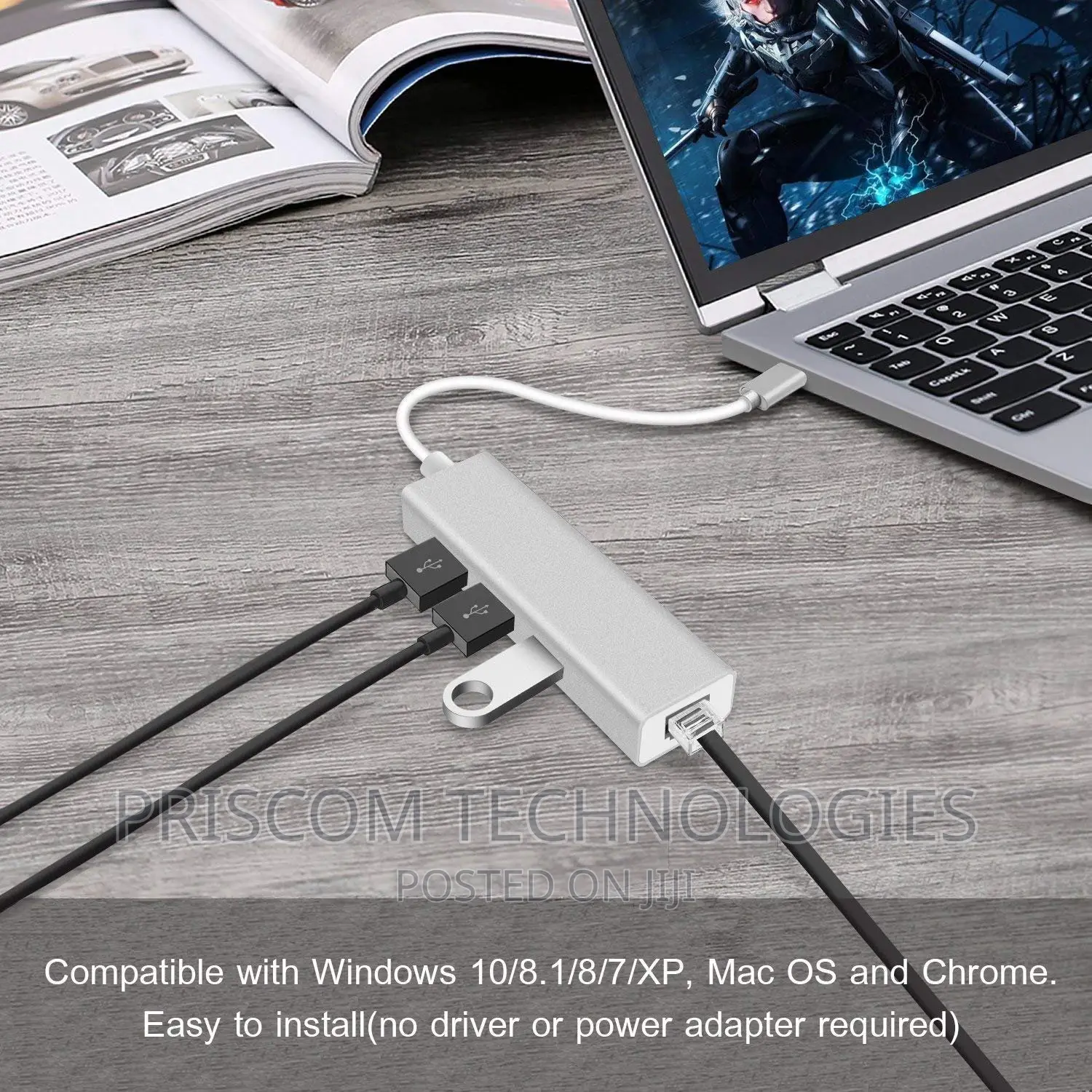 Type C Hub With 3.0 USB Ports and Gigabit Ethernet Rj45 Lan