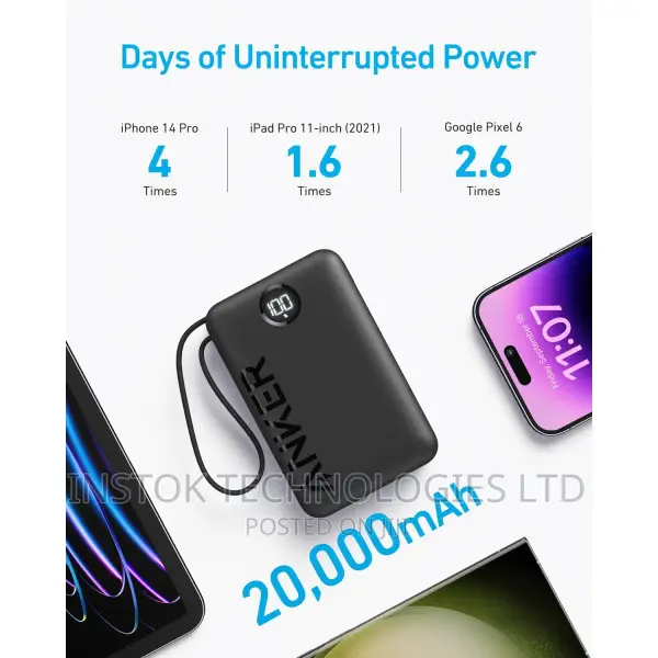 Anker Power Bank 20,000mah 22.5W Built-in USB-C Cable