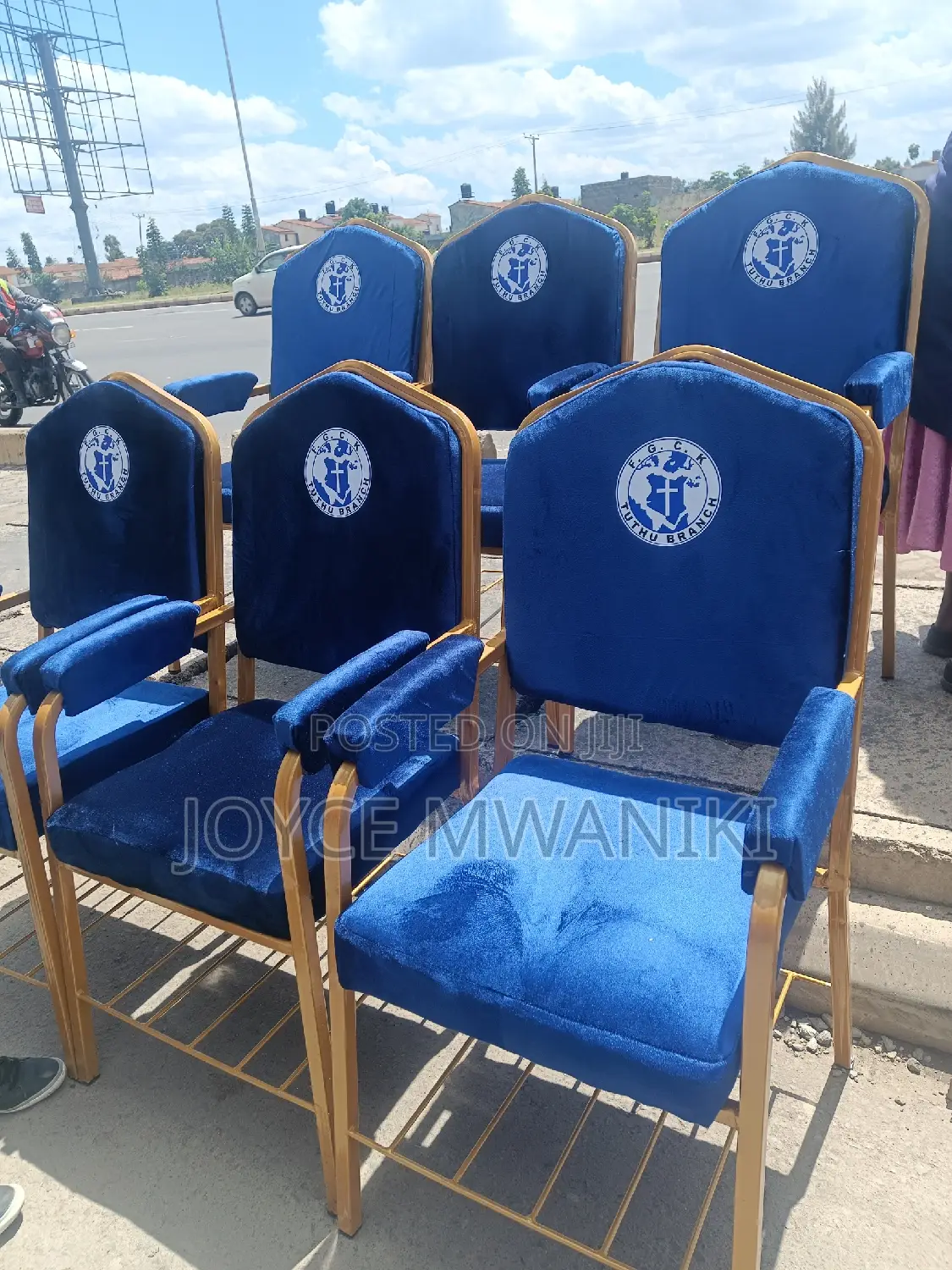 Church Chairs, Navy Blue With Armrest and Logo.