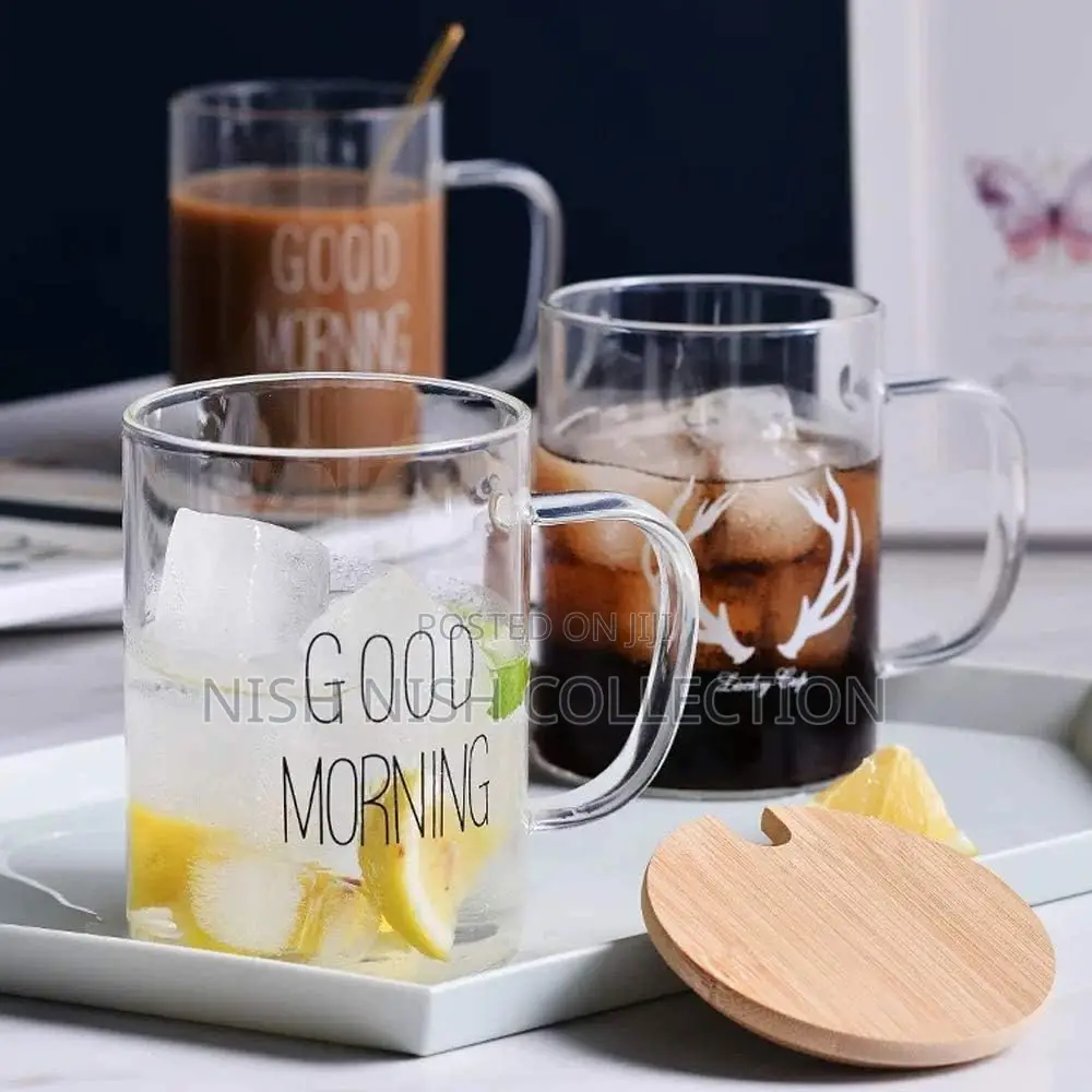 2 Piece Borosilicate Good Morning Printed Glass Mug