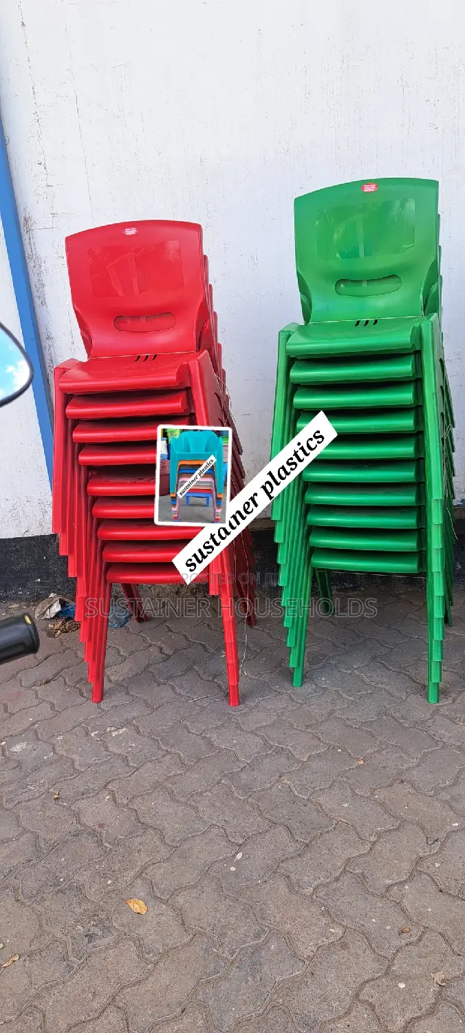 Red and Green Armless Plastic Chairs