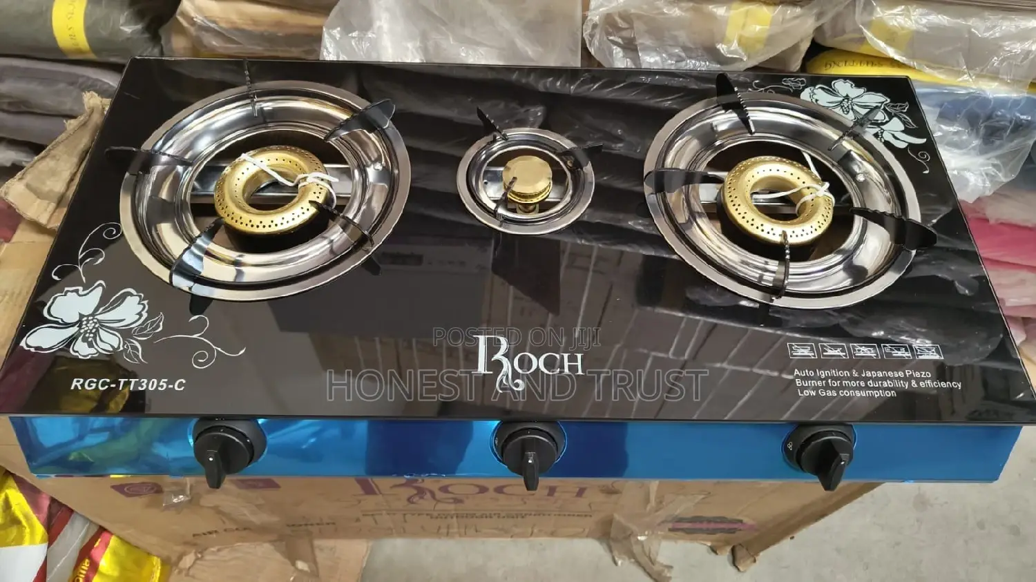 Roch Glass 3-Burner Automatic Gas Cooker - Glass