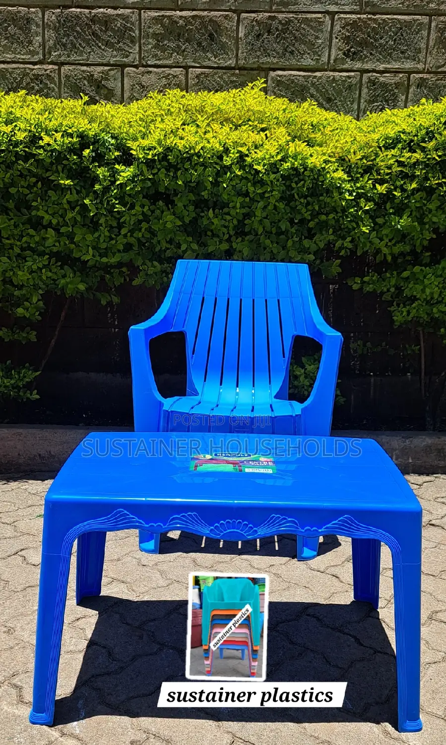 All Blue Plastic Chairs and Plastic Table